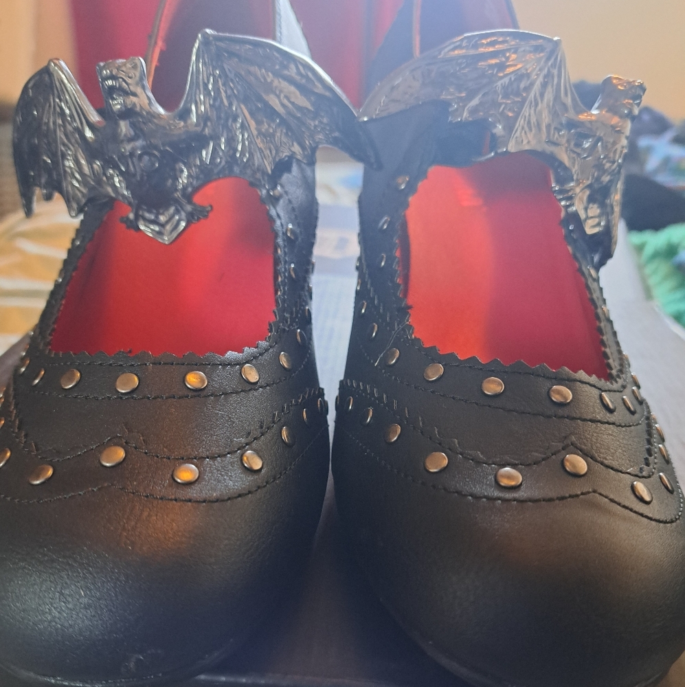 Demonia Mary Janes with Gothic bat